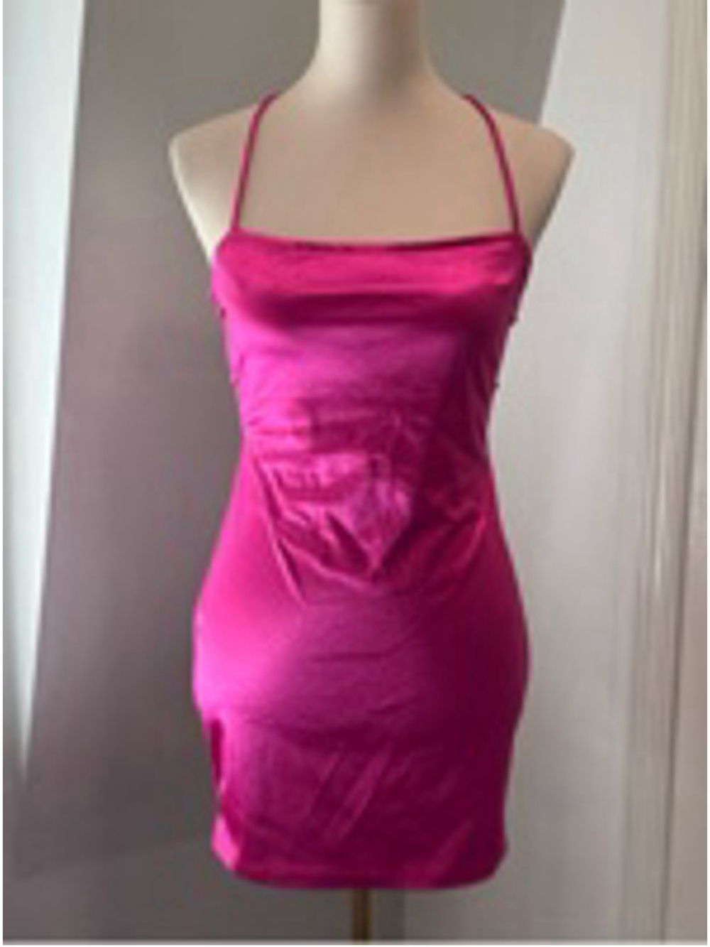 Just Quella Pink Satin Bodycon Mini Dress Open Back Tie Strappy Size Small